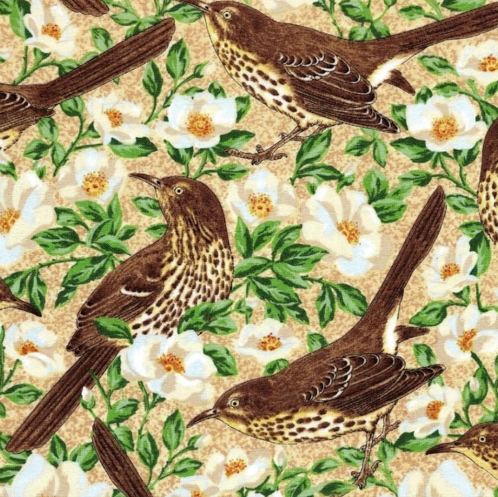 Brown Trasher Georgia State Bird Cotton Fabric Print Suzan Ellis Northcott 36x45